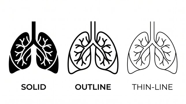 Minimalist human lungs icon set, anatomical respiratory system illustration, solid black, outline, and thin-line styles, clean vector design, medical symbol, isolated background.