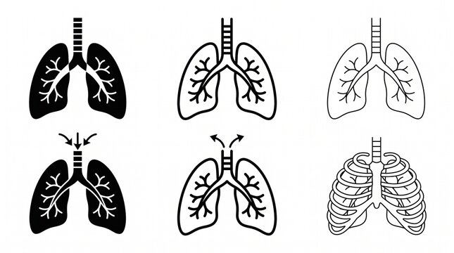 Minimalist human lungs icon set, anatomical respiratory system illustration, solid black, outline, and thin-line styles, clean vector design, medical symbol, isolated background.