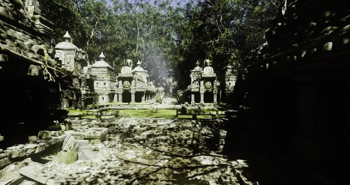 Bright central temple courtyard with reflective shallow pool and symmetrical stone facades, clean perspective lines lead eye to ornate pavilion, lush foliage