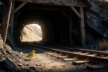 Fototapeta premium Small yellow canary bird stands on gravel near old coal mine entrance. Rusty railway tracks lead into dark tunnel. Bright sunlight shines through mine opening onto rocky ground. Lone bird sits in