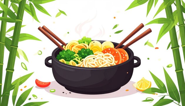 Hot ramen pot illustration with green bamboo stalks.