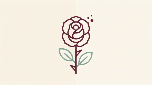 Minimalist vector line art of a single rose flower with leaves on cream background with vector illustration stylized leaves rendered simple with simple lines