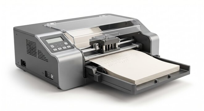 Desktop braille embosser printer for visually impaired users on a white background
