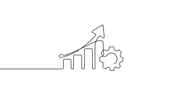 Continuous Line Business Growth Arrow and Gear Animation on White Background 4K