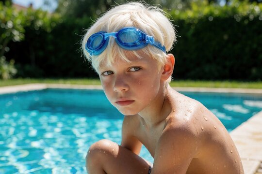 Upset blonde boy sits by swimming pool in summer backyard. Young child wearing blue goggles looks away with angry face. Sulking shirtless kid feels lonely frustrated during outdoor vacation. Sad