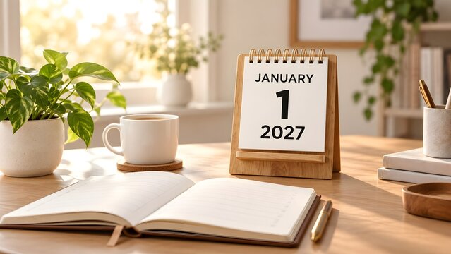 Office Desk With Calendar Showing January 1 2027 And Coffee Cup