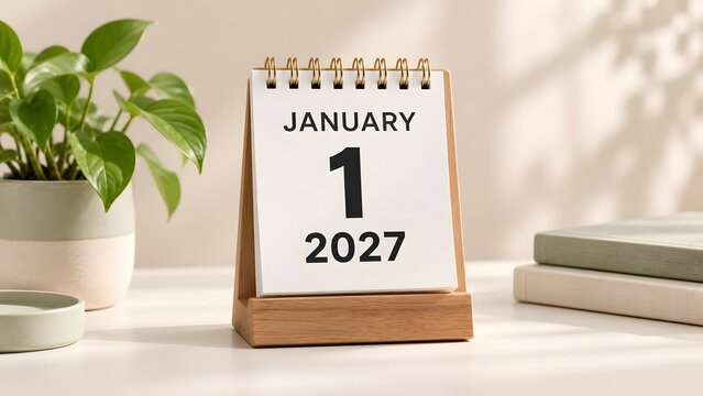 Desktop Calendar Showing January 1 2027 On White Table