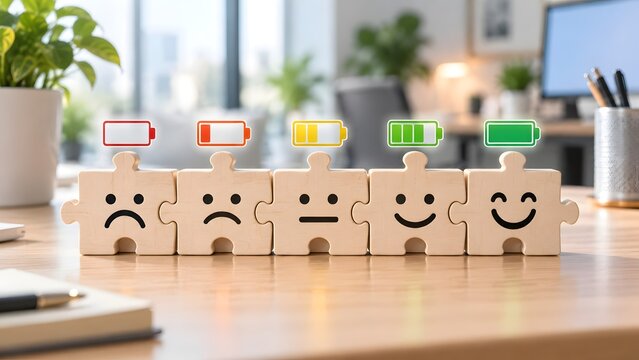 Customer Satisfaction Rating Scale With Wooden Puzzle Pieces And Battery Icons