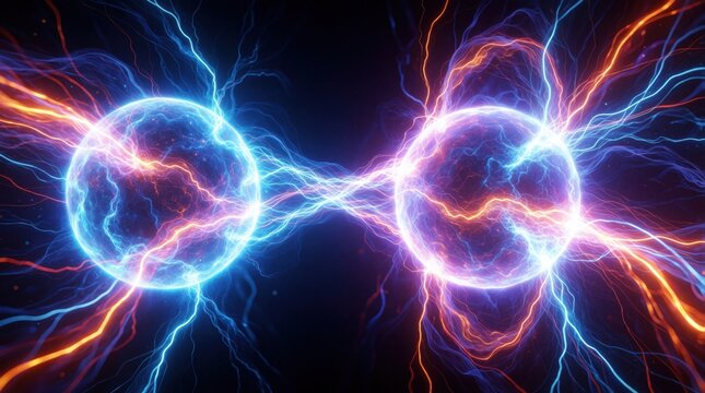 Electric dipole shows two opposite charges with glowing plasma spheres. Blue, red energy lines create electric field between positive, negative poles. Powerful electrostatic force connects particles