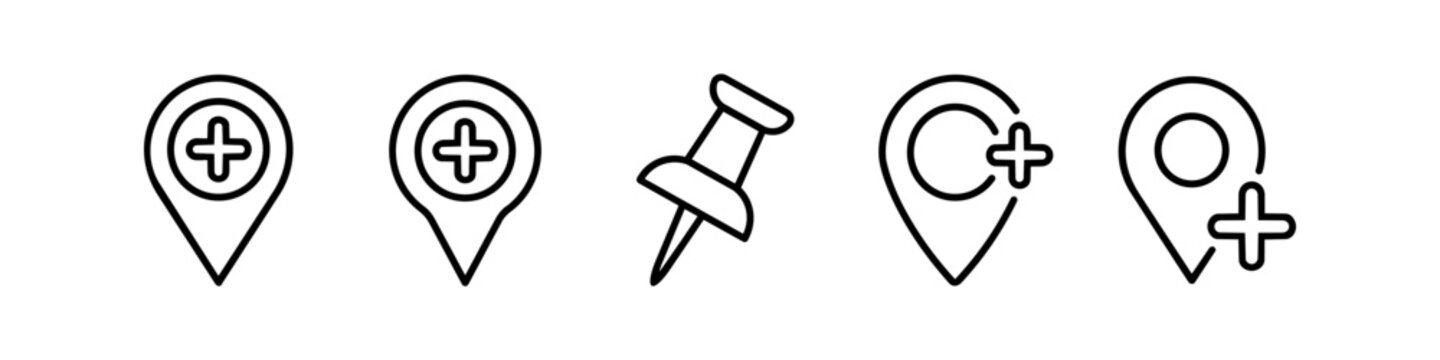 Set of map pin and location line icons with plus symbol and pushpin. Minimalist navigation, add place, and GPS marker vector symbols for app and web design.