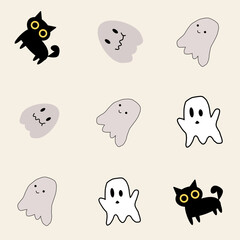 Fototapeta premium Cute Halloween Seamless Pattern with Black Cat and Ghost on White Background