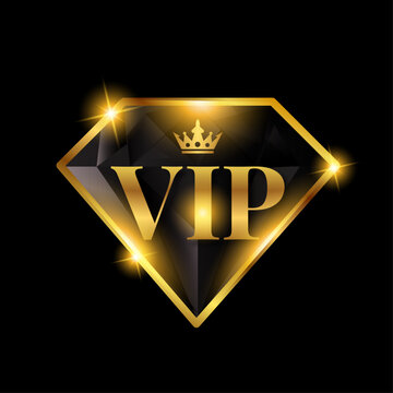 High-End VIP Diamond Gemstone Vector Icon &ndash; Glossy Black Crystal Badge with Golden Crown and Metallic VIP Sheen