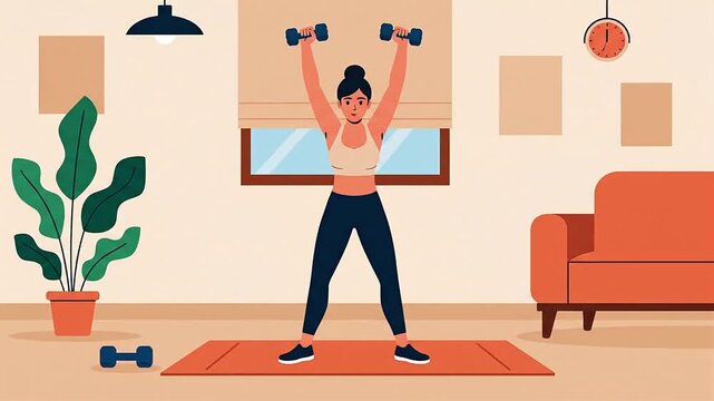 A vector-style animation of someone doing strength training by lifting dumbbells for a healthy lifestyle.