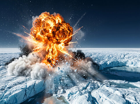 A massive fiery explosion erupting on a frozen arctic glacier landscape.