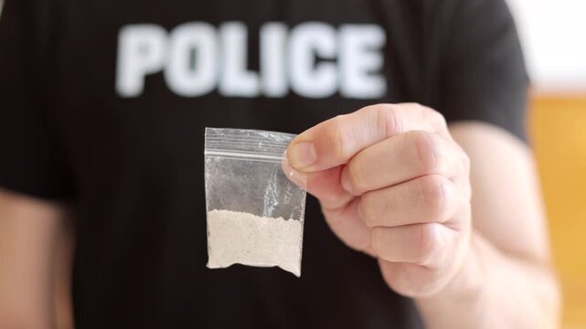 Police officer holding a plastic bag of white powder evidence. Concept of drug bust, narcotics investigation, law enforcement, and fighting crime.