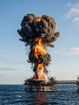 Massive explosion and fire on an offshore oil drilling platform in the ocean.
