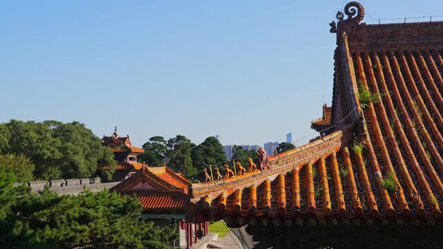 Traditional roof ridge and courtyard at Zhaoling Tomb