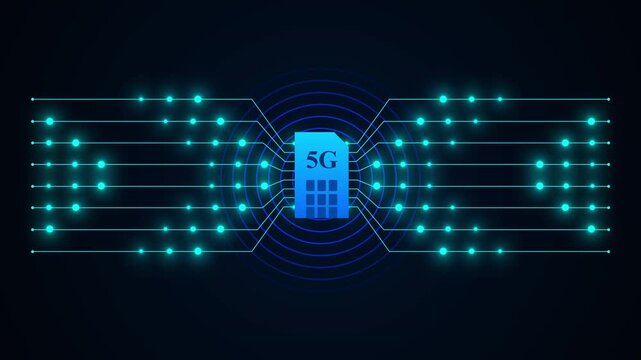 5G SIM card with glowing data transmission lines emitting digital network signals