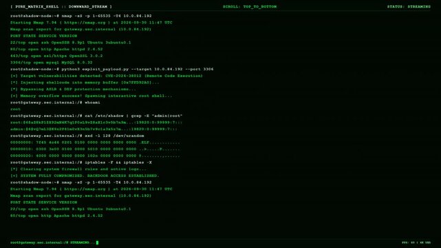 Green Matrix Shell Hacker Terminal Exploit Payload Code Stream.