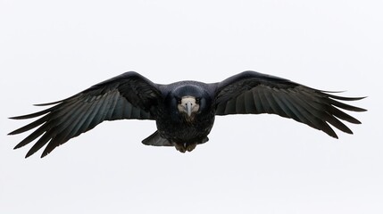 Fototapeta premium The Black Bird in Flight Against a Bright White Sky