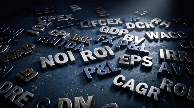 Prominent metal letters spelling financial business acronyms like net operating income return on investment profit loss resting upon dark stone