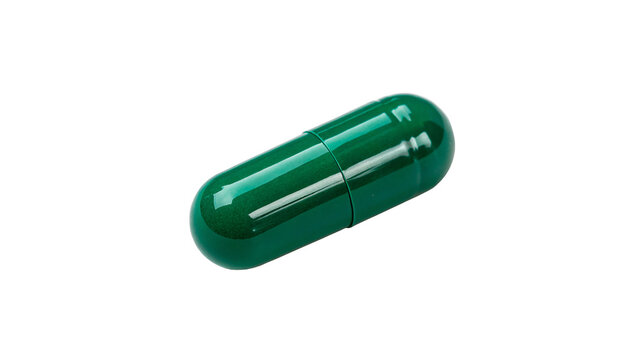 Single green medical capsule drug pill antibiotic healthcare vitamin supplement isolated on transparent background