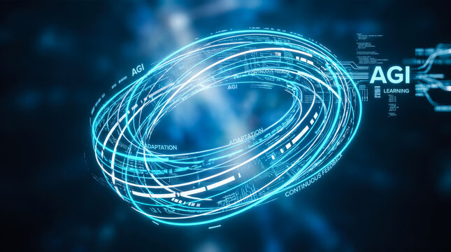 glowing cyan circular rings floating inside dark digital space with agi text labels displaying machine learning continuous feedback adaptation neural loop mechanism
