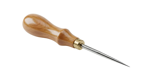 Close-up studio product photograph of a traditional woodworking scratch awl featuring an ergonomic polished wooden handle with visible natural grain, a brass ferrule, and a sharp steel spike on white