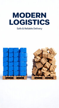 Modern logistics and safe delivery comparison concept showing neat stack of blue cardboard boxes versus messy pile of damaged paper packages on wooden pallets.