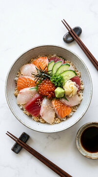 Fresh chirashi sushi bowl with assorted raw fish sashimi and rice on a white background.