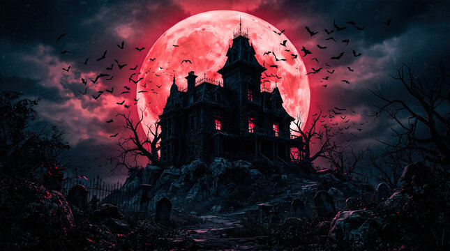 spooky haunted victorian gothic mansion on rocky cemetery hill under giant glowing red full blood moon with flying bats at night halloween backdrop