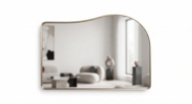 Irregular shaped wall mirror with a thin metallic frame reflecting a blurred interior living room