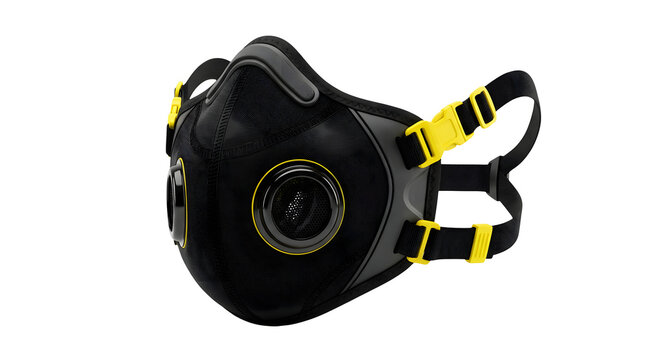 Modern black protective half-mask respirator featuring textured fabric, dual circular exhalation valves with yellow rings and mesh grilles, and adjustable black straps with bright yellow plastic