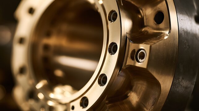 Close up view of precision industrial metal manufacturing component.