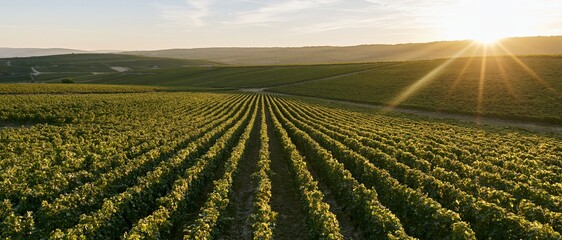 Obraz premium Rows of grapevines stretching across rolling hills at sunset