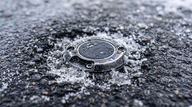 Embedded road sensor detecting ice conditions on asphalt surface with frost