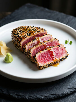 Seared ahi tuna steak coated in sesame seeds served on a white plate with wasabi and ginger.