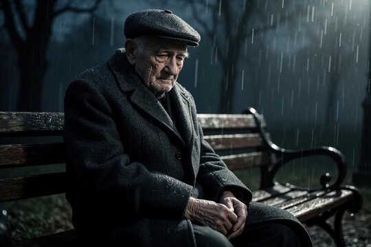 Lonely elderly man sits on wooden bench in park during rain. Sad senior male wearing dark coat looks down with depressed expression. Solitary aged person feels melancholy, sadness in gloomy weather