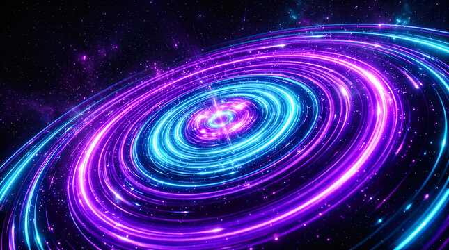 Cosmic spiral vortex accretion disk spinning with glowing neon purple and cyan light rings across starry deep space galaxy background