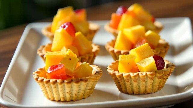 fresh fruit tartlets filled with colorful mango and berries arranged on white serving plate, concept of bakery desserts, cafe menu, sweet food