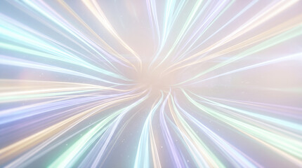 Fototapeta premium Abstract pastel glowing light trails converging into central bright vanishing point showing warp speed motion effect inside futuristic dimensional tunnel background