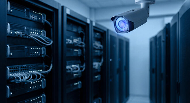 Security camera monitoring server room with glowing blue lens data center surveillance