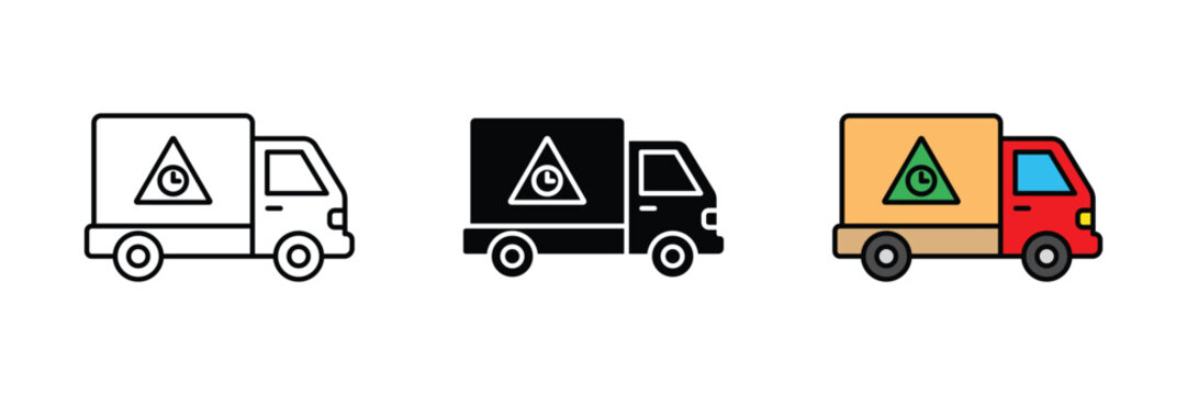 Delivery truck warning icon set with clock symbol, shipping delay, logistics, transportation and freight service concept
