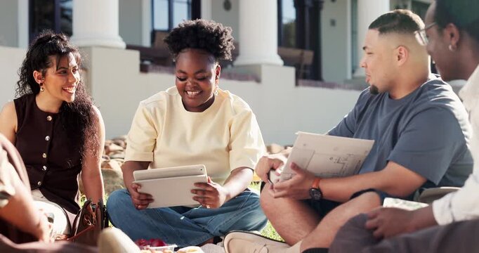 Happy, outdoor and people at college for study group, learning and talking for exam prep together. University, laugh and students with textbooks, chat and tech for education, assignment and knowledge