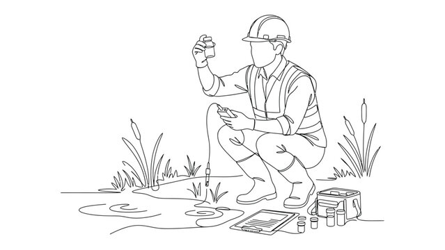 Professional environmental scientist collecting water quality samples from a pond for analysis.
