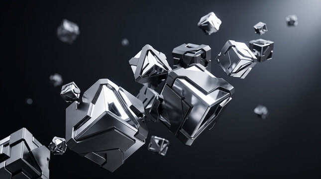Several futuristic metallic mechanical cubes with intricate geometric details flying through dark space illuminated by bright top corner light source