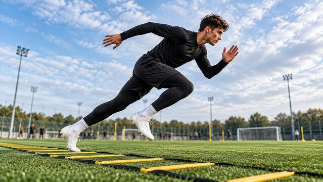 Young athlete practicing explosive agility ladder footwork on a soccer field, emphasizing speed, coordination, balance, quick movement and athletic performance in outdoor training.