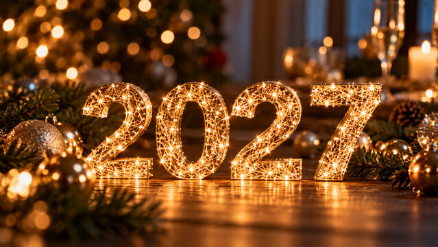 Glowing 2027 numbers surrounded by golden Christmas lights, ornaments and festive decorations, elegant New Year celebration background with warm bokeh