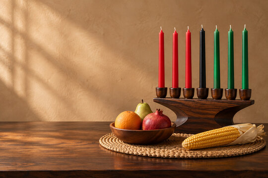 Modern Kwanzaa kinara with seven candles beside fruit and copy space