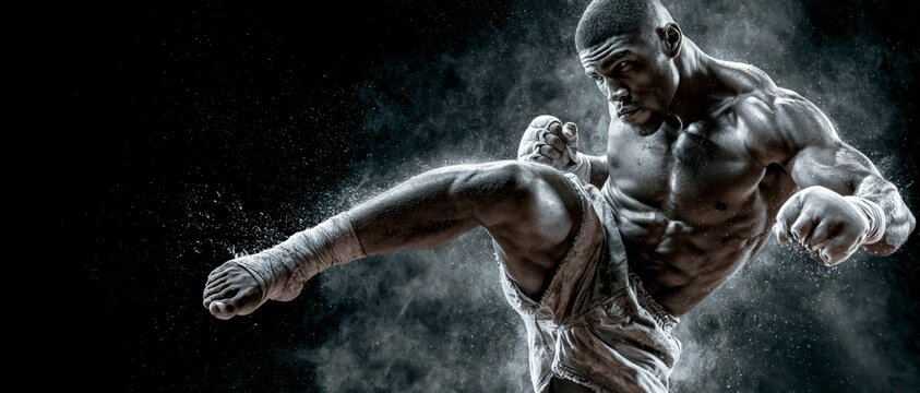 A muscular fighter executes a high kick against a dark background with dust particles in the air.